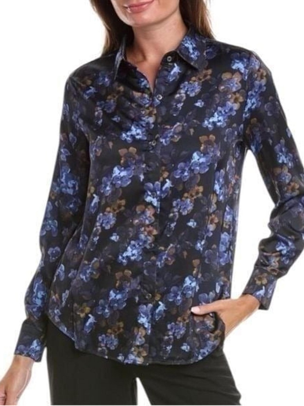 Elie Tahari Black Floral Button-Down Shirt with Blue and Brown Accents